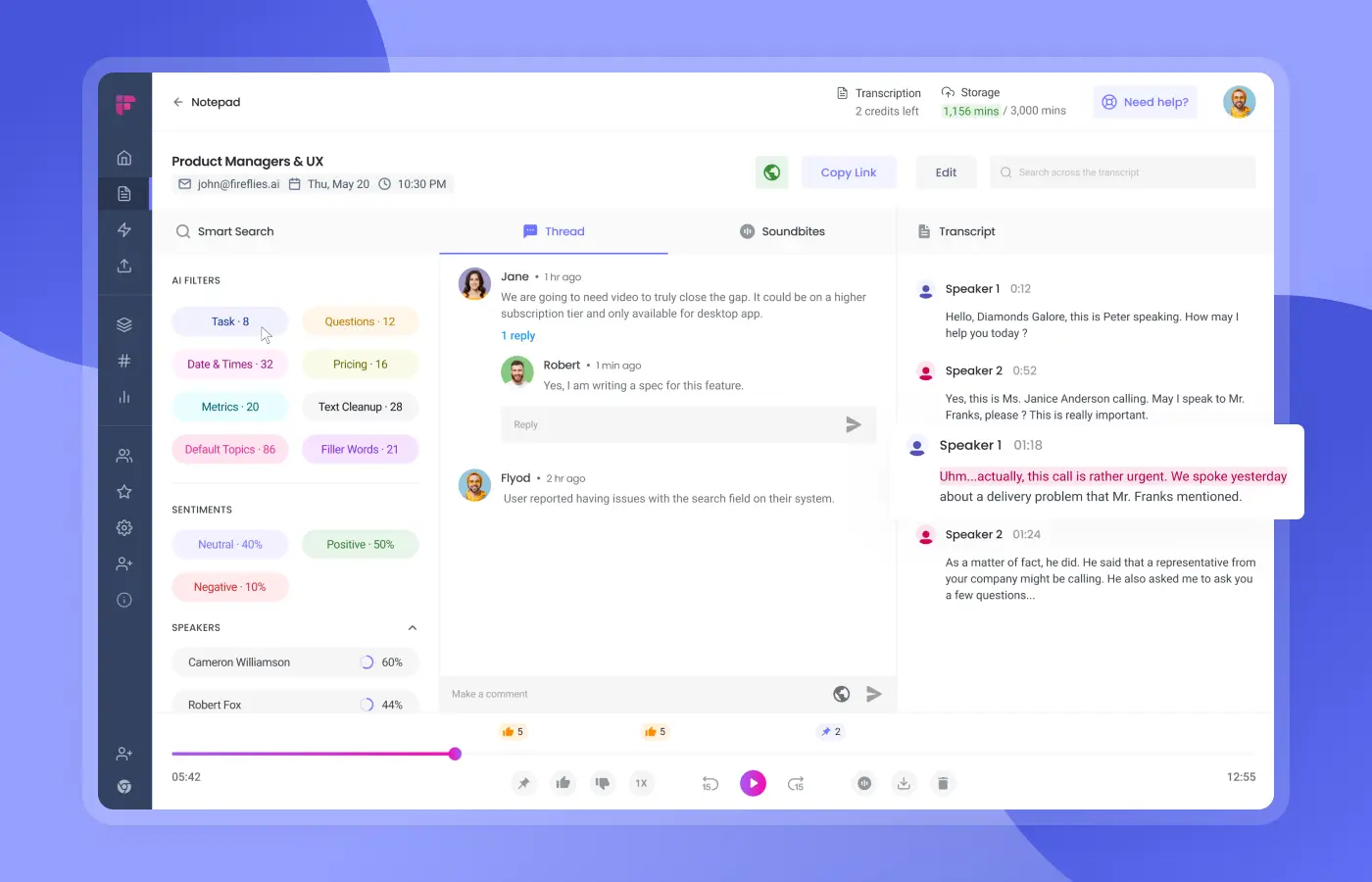 Fireflies meeting workspace with video playback, transcript, summary, and integrations