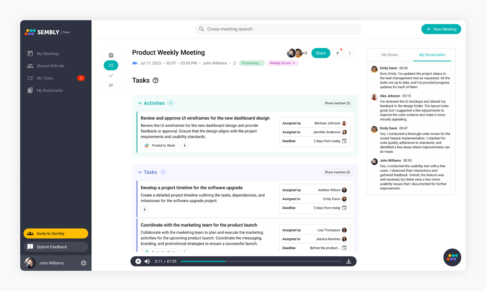 Sembly product-weekly meeting note with tasks, summary, and transcript