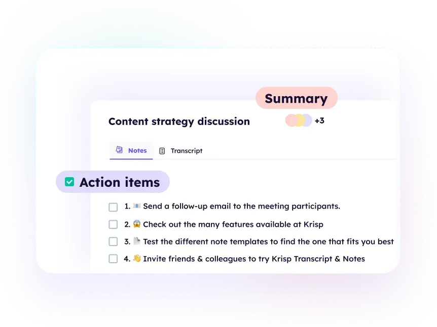 Krisp generated meeting summary with an action-item checklist
