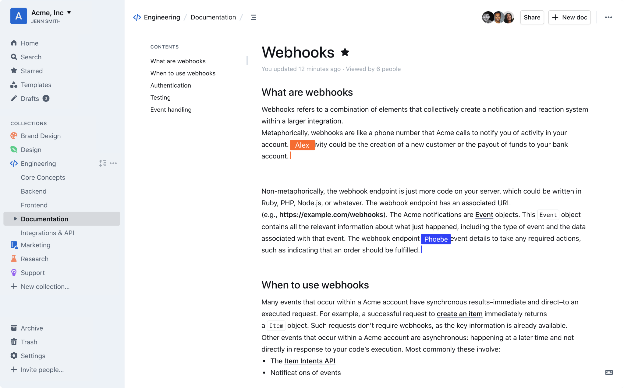 char-editor-width=80 Outline team wiki showing API webhook documentation