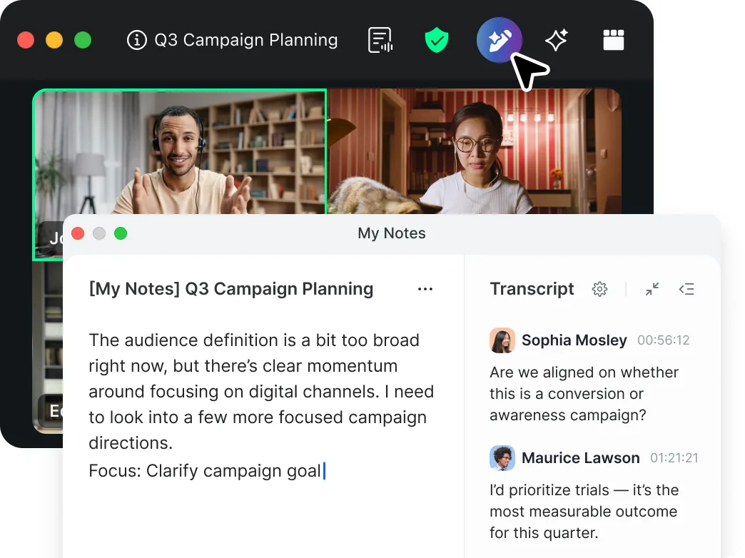 Zoom My Notes open during a call with live notes and transcript controls
